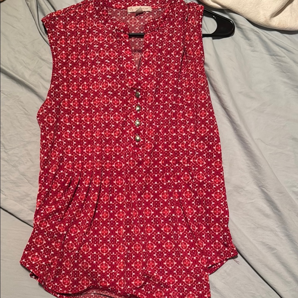 Red Buttoned Blouse with Mandarin Collar